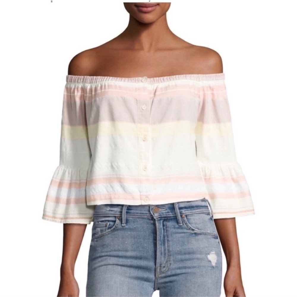 MOTHER - Off The Shoulder Belle Top in Sweet Southern Trouble Pastel Stipe Sz M